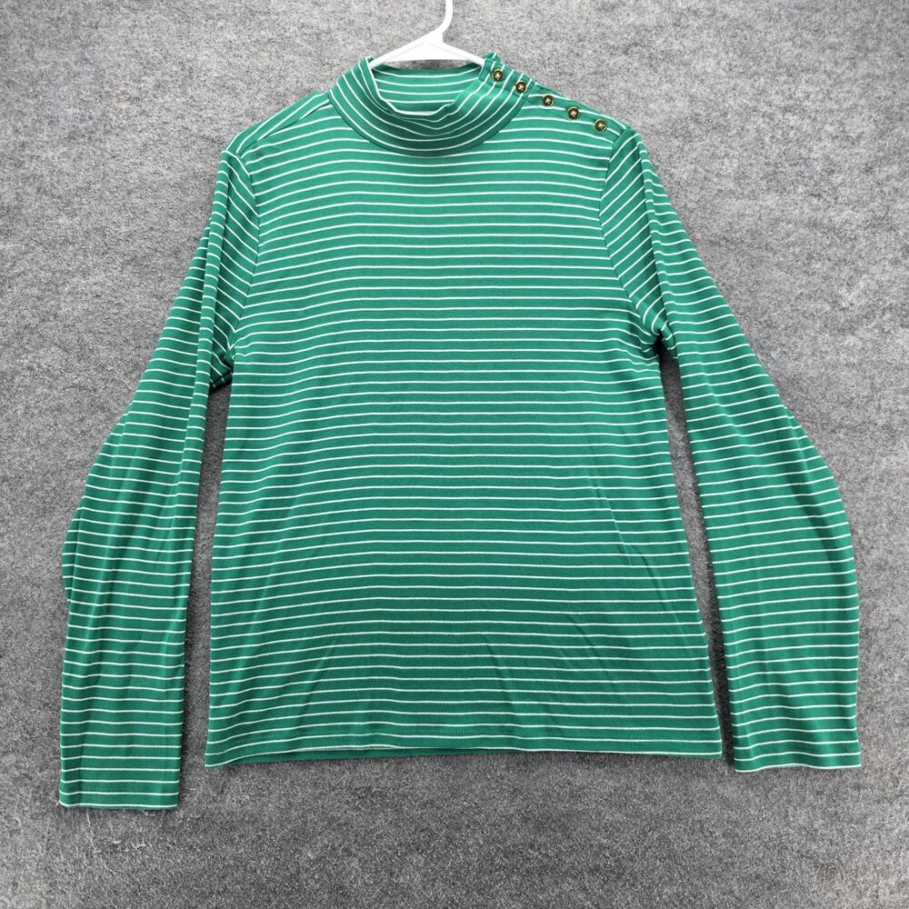 J.Crew Shirt Womens Large Green Stripe Long Sleeve Mock Neck Button Shoulder